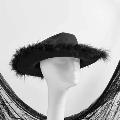 Women's Cowboy Hat – Wide Brim Solid Color with Furry Trim for Parties & Outings