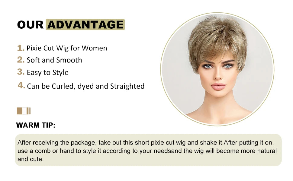 Light Blonde Mixed Off-White Pixie Cut Wig for Women – Bangs with Kanekalon Human-Hair-Like Texture, Natural Layered Hair
