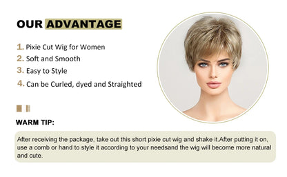 Light Blonde Mixed Off-White Pixie Cut Wig for Women – Bangs with Kanekalon Human-Hair-Like Texture, Natural Layered Hair