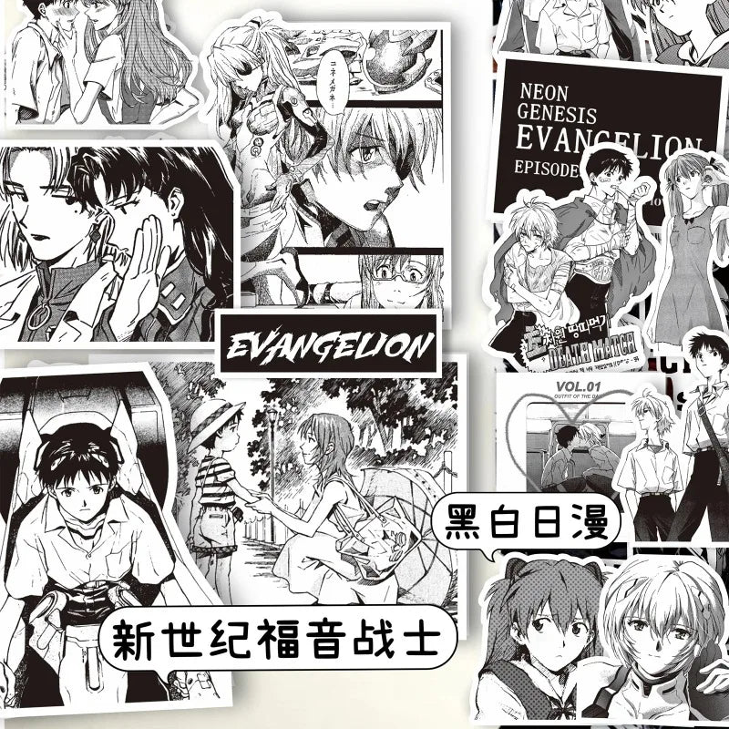 70/75-Piece Neon Genesis Evangelion Sticker Set - Black & White Sketch Anime Decals for Notebooks, Skateboards & Bikes