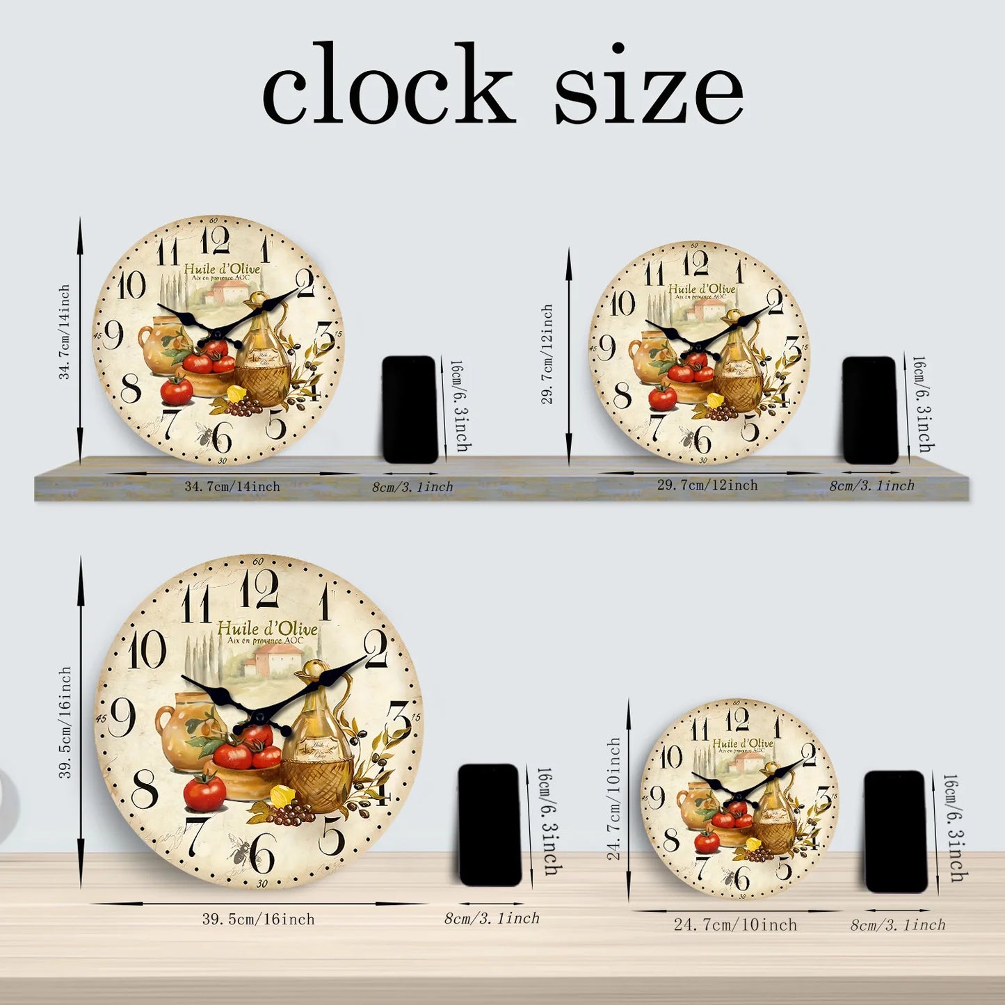 Retro Provence Wooden Wall Clock – Olive Oil & Tomato Pattern, Silent Quartz for Living Room, Bedroom, Kitchen | 10-16 Inch Home Decor, Holiday Gift (No Batteries)