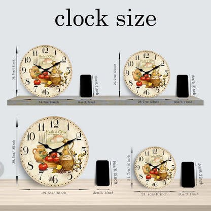 Retro Provence Wooden Wall Clock – Olive Oil & Tomato Pattern, Silent Quartz for Living Room, Bedroom, Kitchen | 10-16 Inch Home Decor, Holiday Gift (No Batteries)