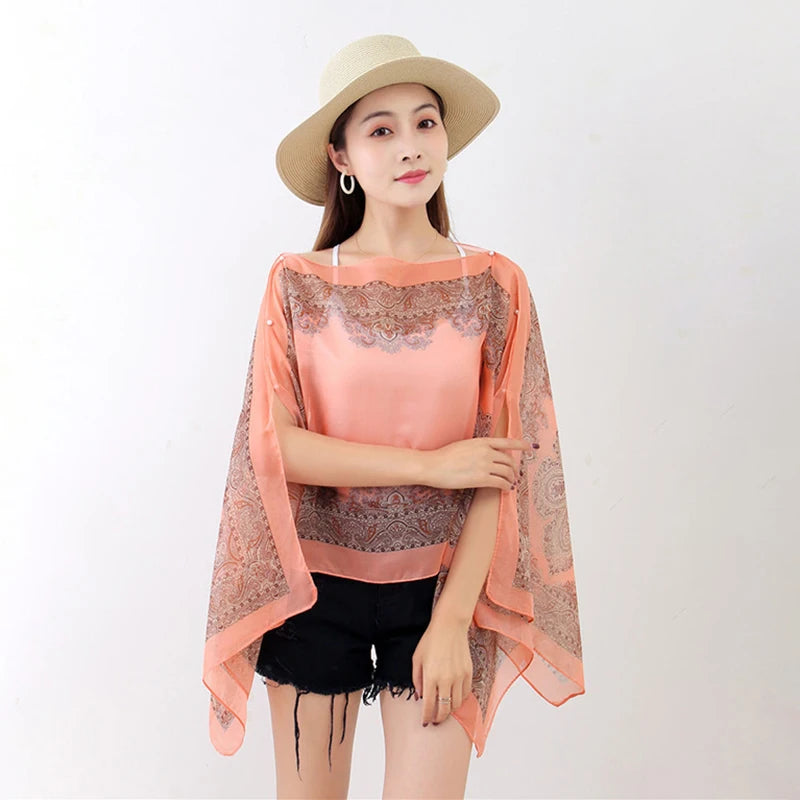 Women’s Summer Beach Shawl – Loose Chiffon Bikini Cover-Up Blouse with Buttons Sun Protection Scarf
