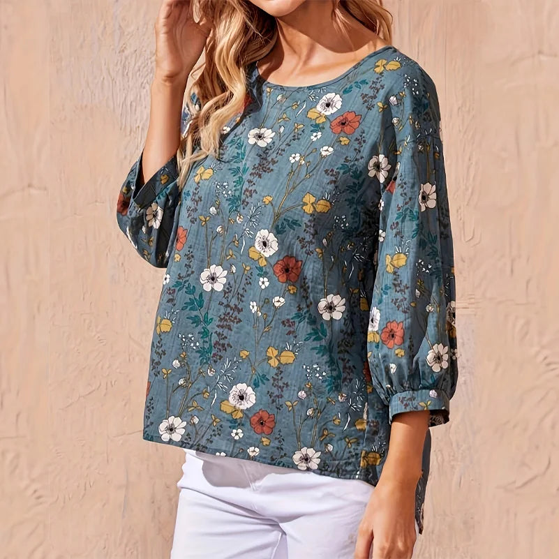 Plus Size Women's Floral Print Shirt - Loose Round Neck Lantern Sleeve Casual Office Top