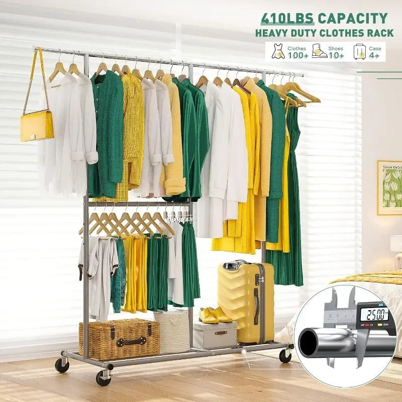 Heavy Duty Rolling Clothing Rack – Portable Clothes Hanger with Wheels for Walk-In Closets
