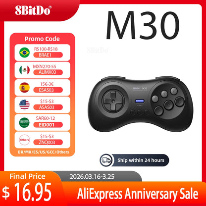 8BitDo M30 2.4G Wireless Gamepad – Sega Genesis & Mega Drive Mini Compatible Original Retro Controller for Classic Gaming