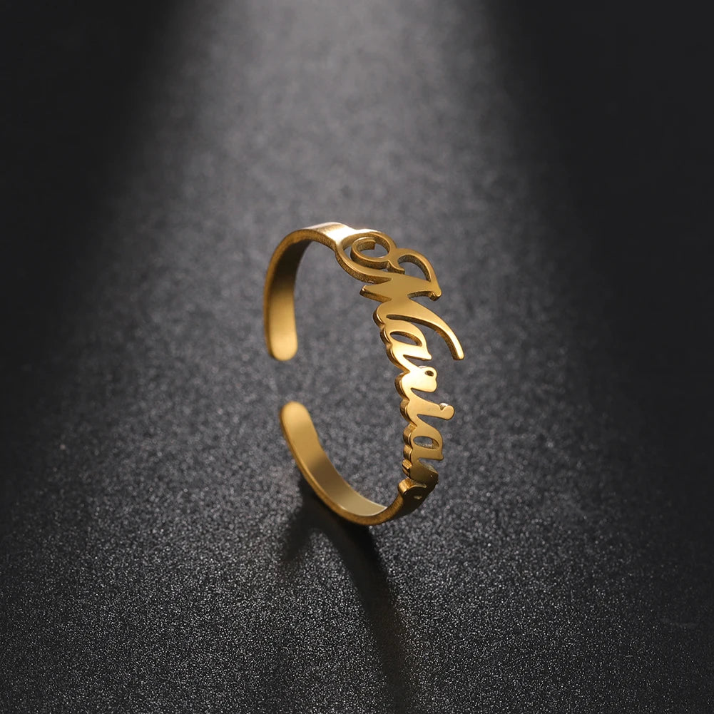 Custom Fishhook Double Name Finger Ring - Personalized Family & Couple Love Gift for Women & Men, Gold Stainless Steel Jewelry