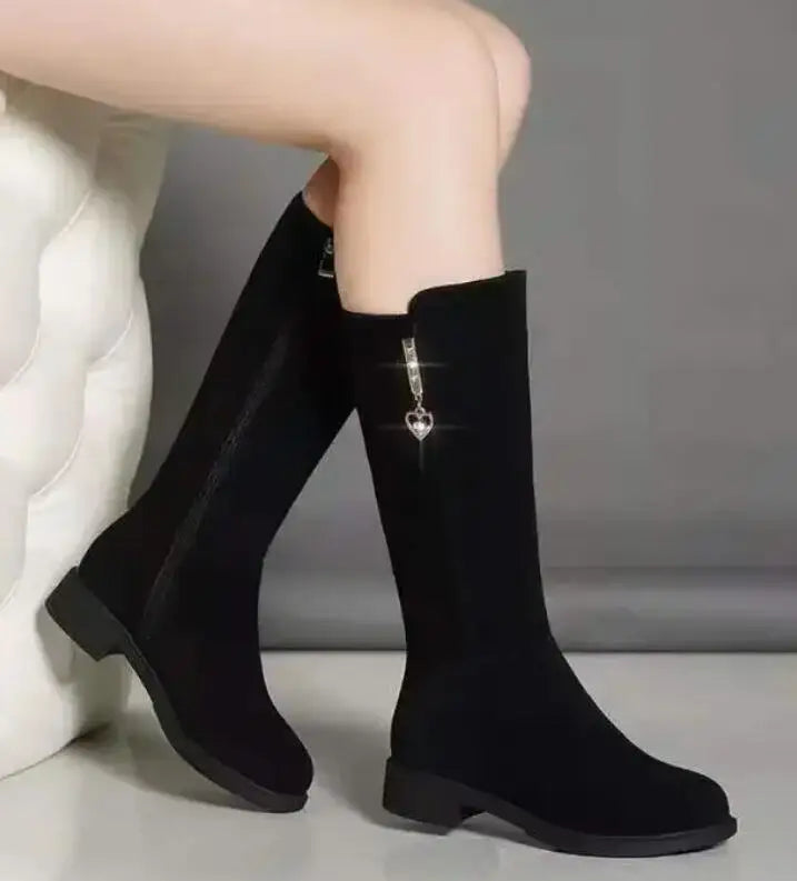 2025 Women’s Plush Snow Boots – Casual Flat Cotton Thigh-High Winter Shoes with Side Zipper