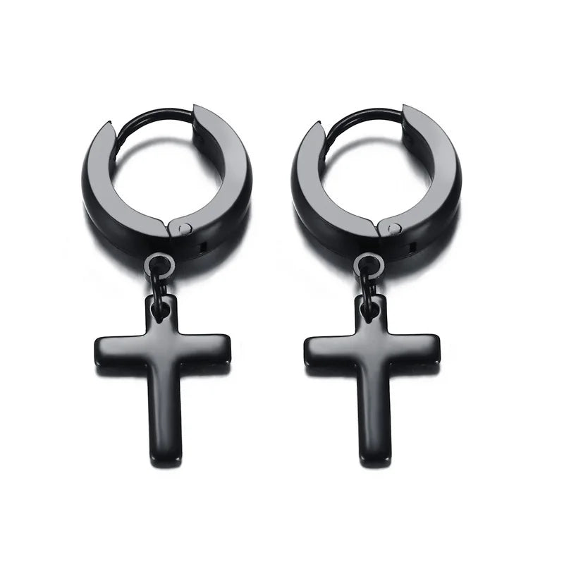 Stainless Steel Cross Charm Earrings - Men's Fashion Jewelry