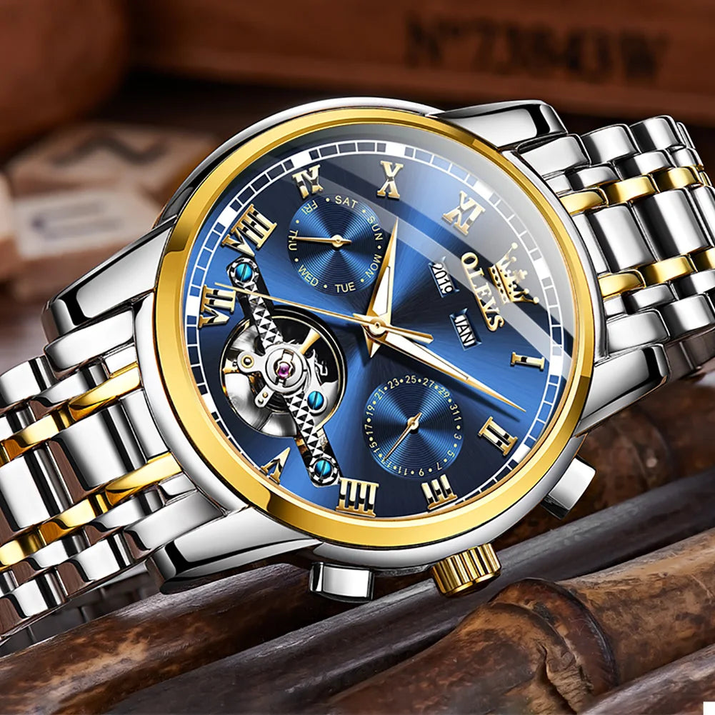 OLEVS Men's Automatic Mechanical Watch – Waterproof Stainless Steel Business Wristwatch with Skeleton Calendar