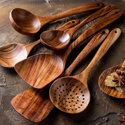 1–10PCS Teak Wooden Cooking Spoons – Smooth Non-Stick Wooden Utensils Set for Kitchen Cooking