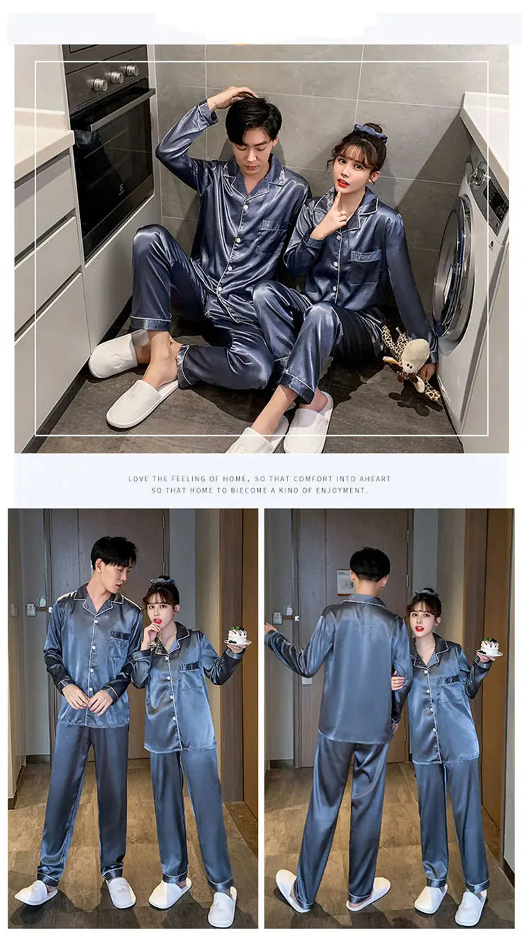 Solid Color Silk Satin Pajama Set – Long Button-Down Sleepwear for Couples, Women & Men Loungewear Plus Size