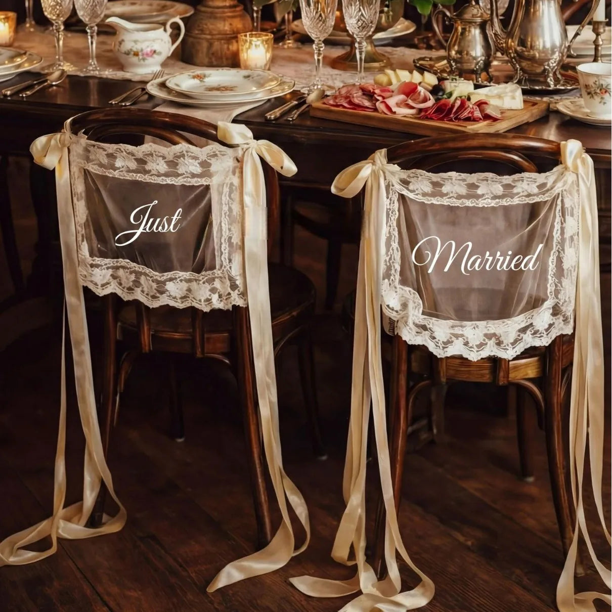 Personalized Just Married Chair Signs - Lace Wedding Chair Banners for Bride & Groom