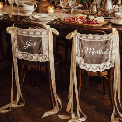Personalized Just Married Chair Signs - Lace Wedding Chair Banners for Bride & Groom