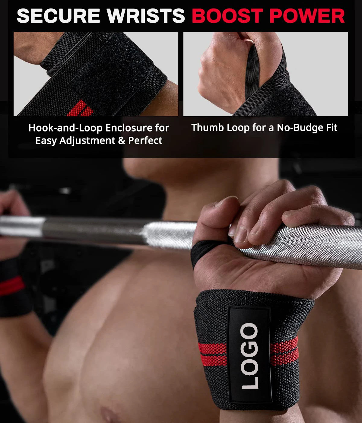1 Pair Wristband Wrist Support Brace | Extra Strength Weight Lifting Wrist Wraps | Fitness Gym Training | Custom Logo Available