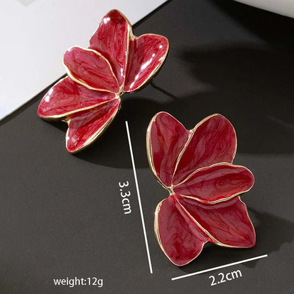 Metal Flower Red Enamel Petal Post Earrings — Trendy Fashion Jewelry for Women, Daily & Holiday Accessories MQ478