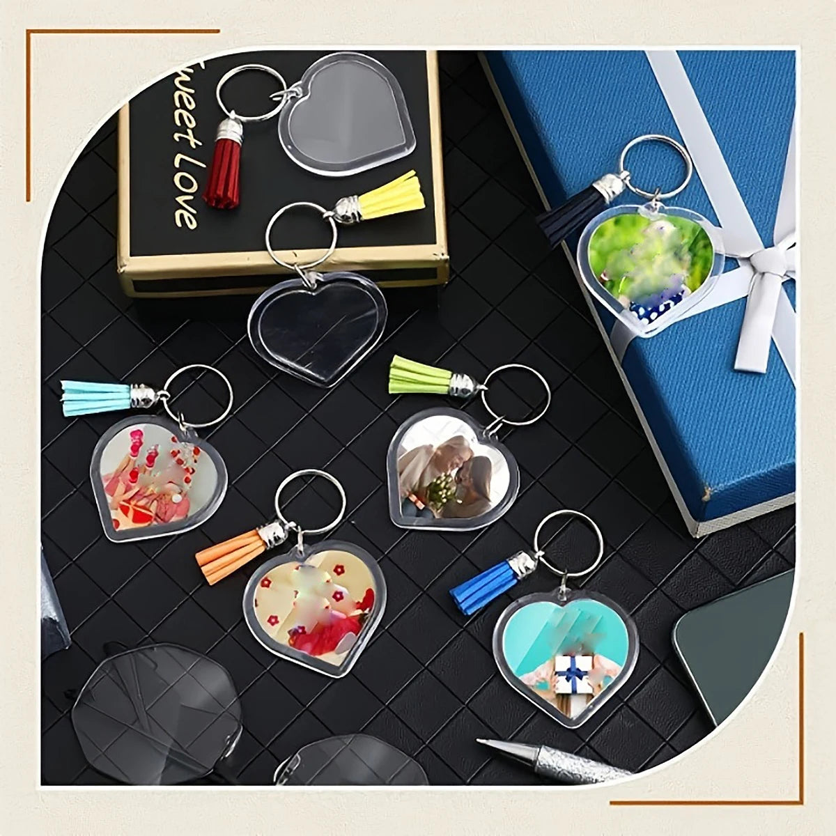 Transparent Photo Frame Keychain - Acrylic Snap-In Custom Picture Pendant with Tassel, 10-Piece Set