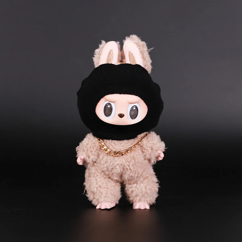 Labubu Doll Accessories – Trendy Black Knit Hat & Necklace Set, Cute and Funny Street Fashion Style