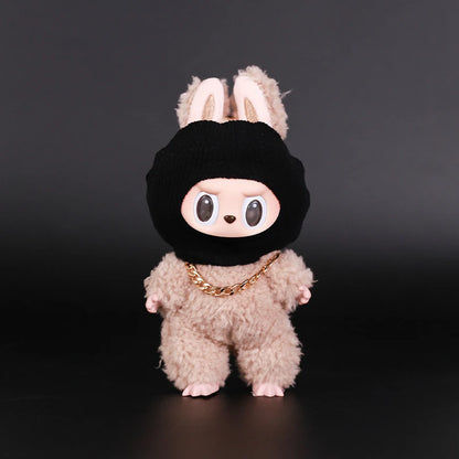 Labubu Doll Accessories – Trendy Black Knit Hat & Necklace Set, Cute and Funny Street Fashion Style