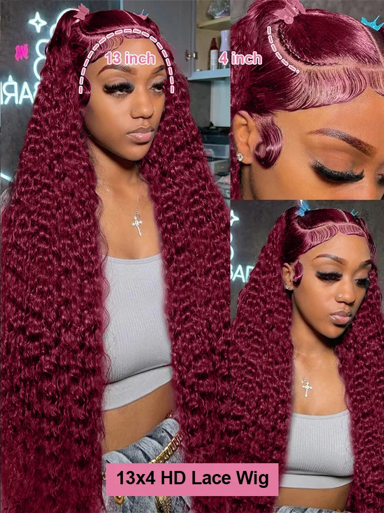 99J Burgundy Deep Wave Lace Front Wig – High Density Curly Red 13x6 HD Transparent Frontal Human Hair