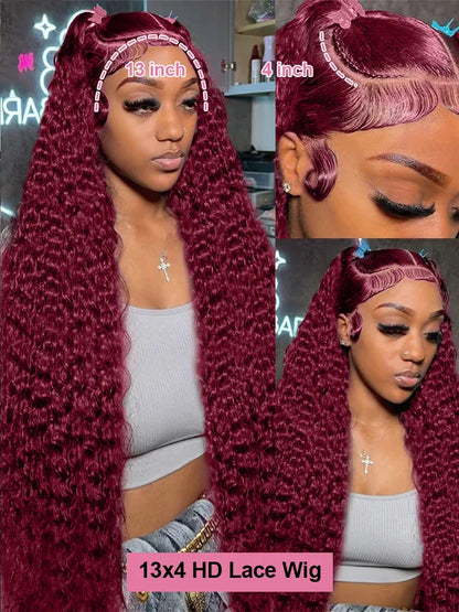 99J Burgundy Deep Wave Lace Front Wig – High Density Curly Red 13x6 HD Transparent Frontal Human Hair