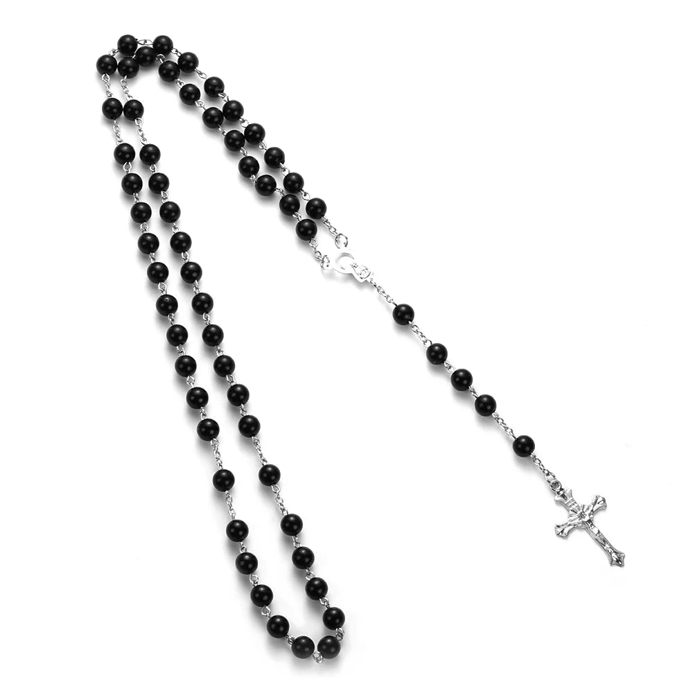 Rosary Beads Cross Necklace – Catholic Virgin Mary Pendant Chain Religious Jewelry Gift for Men & Women Prayer Charm
