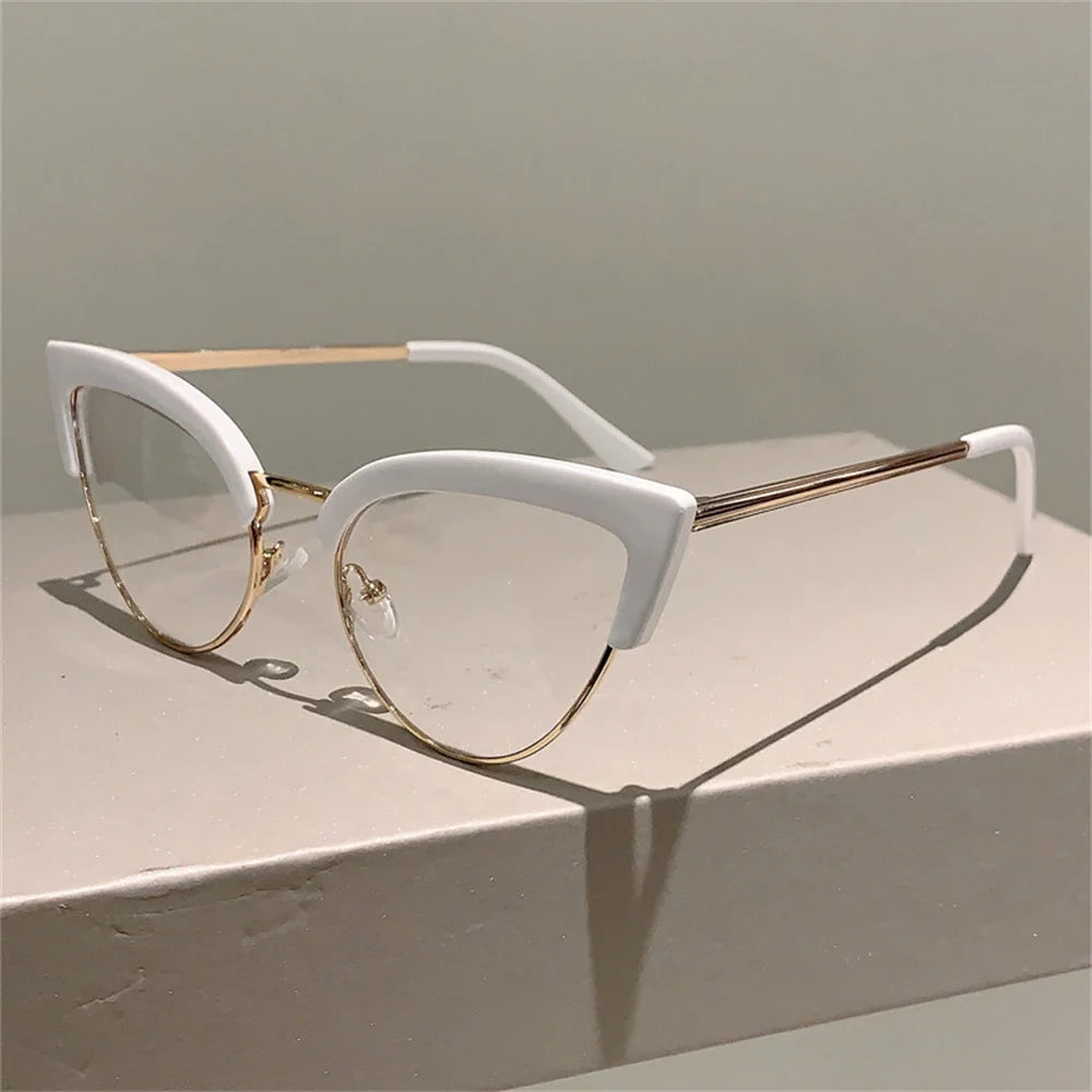 New Vintage Cat Eye Glasses Frame, Stylish Semi-Metal Rim Women’s Eyewear, Trendy Brand Design Non-Prescription Eyeglasses