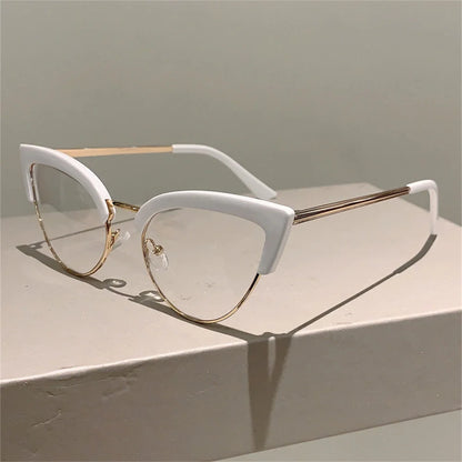 New Vintage Cat Eye Glasses Frame, Stylish Semi-Metal Rim Women’s Eyewear, Trendy Brand Design Non-Prescription Eyeglasses