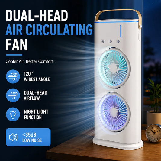 3-in-1 Portable Air Cooler Fan - Dual Head Cooling Fan with LED Night Light & Humidifier for Home and Office