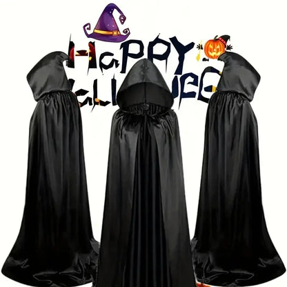 Unisex Halloween Hooded Black Cloak Witch Robe Long Cape Cosplay Costume Party Prop
