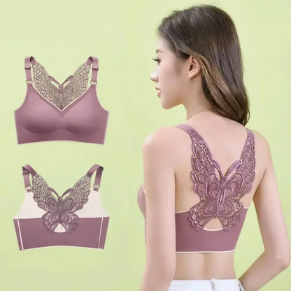 Padded Seamless Butterfly Lace Sports Bra – Push Up Shockproof Women’s Bralette, Comfortable Beautiful Back Support Tank Top Underwear