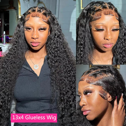 30-40 Inch Curly 13x4 Glueless Human Hair Wig – Brazilian Loose Deep Wave Black Wig, Ready-to-Wear Clearance Sale