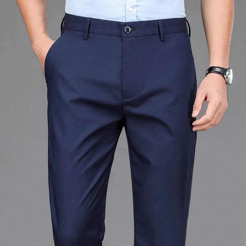 Men's Stretch Solid Black Pants - Smart Casual Office Trousers, Quick Dry Suit Pants for Spring & Autumn, Korean Straight Fit