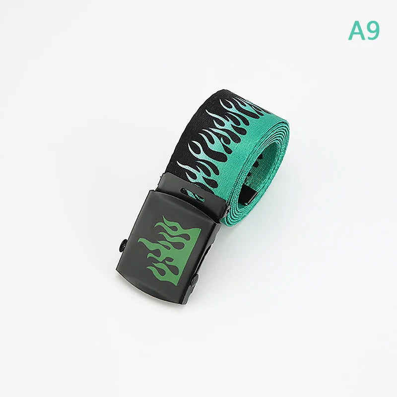 Hip Hop Fashion Canvas Belt – Personalized Flame Design, Casual & Punk Cowboy Belt for Men & Women
