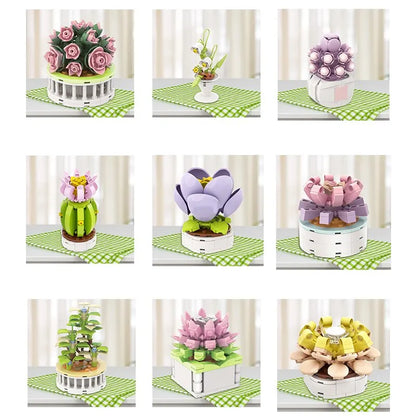 Bouquet Moc Block Flower Succulents Bonsai Potted Building Blocks - Romantic Assembly Kit Bricks Toys for Kids - Christmas Gift for Girls