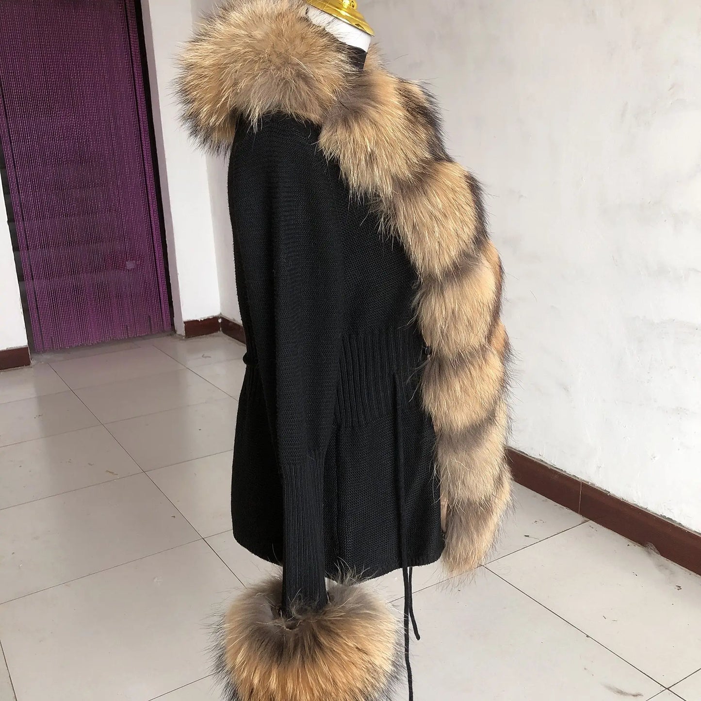 Women’s Spring & Autumn Sweater Cardigan – Real Fox Fur Collar Jacket, Natural Fur Outerwear