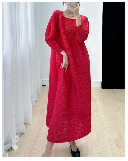 2023 Women's Miyake Pleated Long Dress – Full Sleeve, Round Neck, Korean Fashion, Plus Size Summer Style