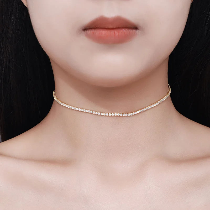 2mm Moissanite Tennis Necklace for Women – S925 Silver, 18K Gold Plated Adjustable Choker Wedding Jewelry