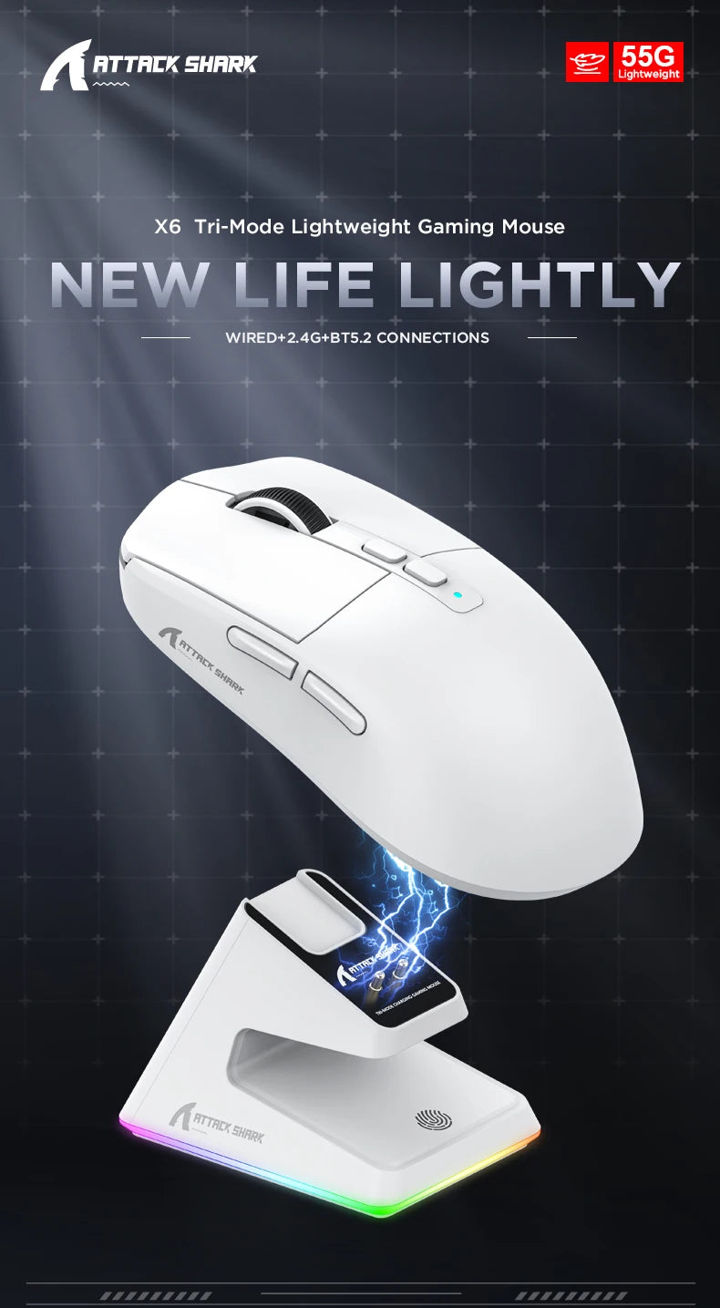 Attack Shark X6 PAW3395 Bluetooth Gaming Mouse — Tri-Mode Connection with RGB Touch, Magnetic Charging Base & Macro Functions