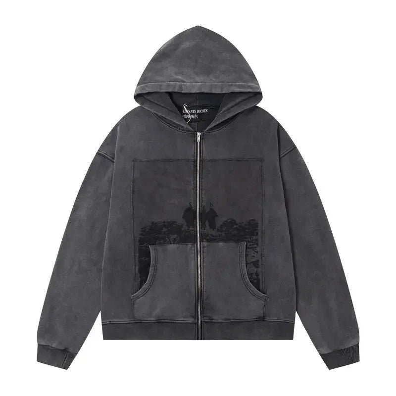 Washed Casual Hoodie Sweatshirt — Unisex Loose-Fit Street Style Crew Neck with Lip Print Letter Design, Vintage Comfortable Top