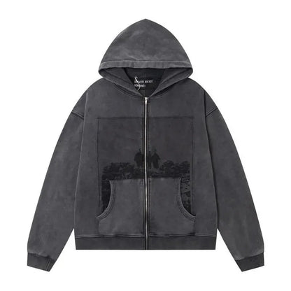 Washed Casual Hoodie Sweatshirt — Unisex Loose-Fit Street Style Crew Neck with Lip Print Letter Design, Vintage Comfortable Top