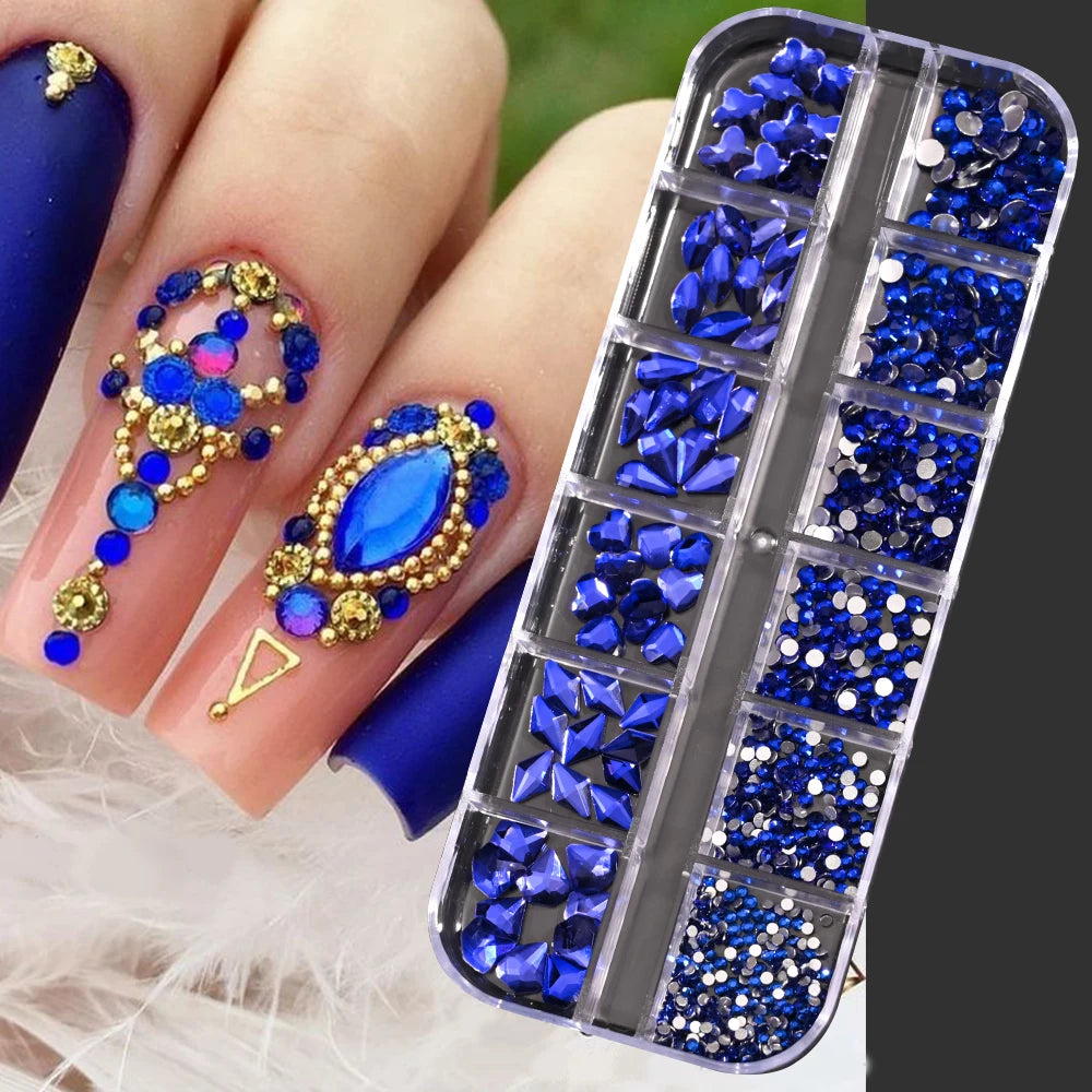 12-Grid Mixed Nail Rhinestones SS6-SS30 – Shiny Flat-Back Gems in Clear, Gold, Pink & Blue for Nail Art Decoration