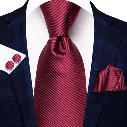 Hi-Tie Red Burgundy Plaid Silk Tie Set — Designer Men’s Necktie with Handkerchief & Cufflinks for Wedding or Business