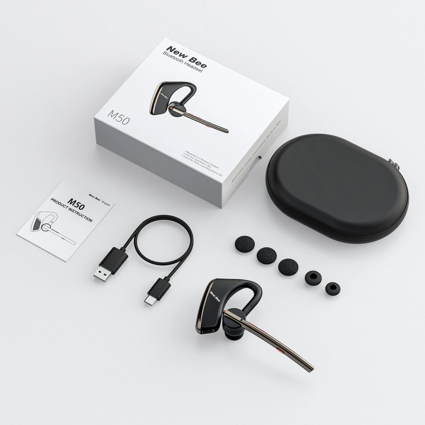 New Bee M50 Bluetooth Headset – Wireless Earpiece with Dual Mic, CVC8.0 Noise Cancelling, 24H Talk Time, V5.2 Handsfree Earphones
