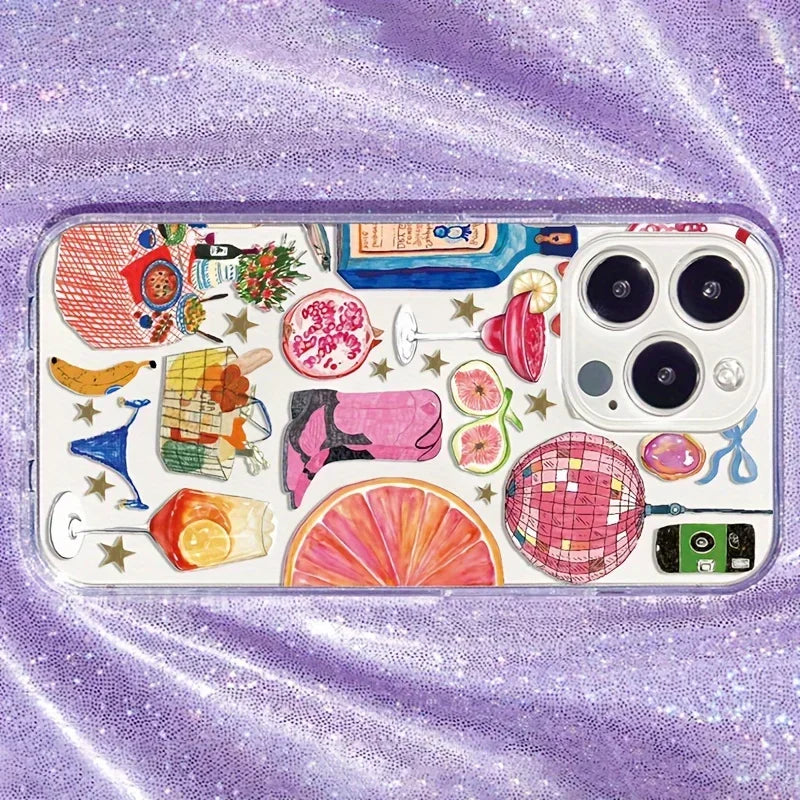 Summer Vibe Clear Phone Case — Soft Silicone Disco Ball & Fruit Design Cover for iPhone 7-16 Pro Max, Mini, XR, 11-15