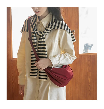 Solid Color Women's Portable Shoulder Bag – Simple Nylon Cloth Padded Crossbody Travel Purse & Messenger Bag