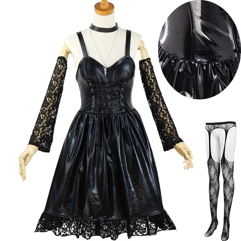MisaMisa Cosplay Costume – Gothic Death Note Outfit for Women, Leather Dress with Stockings, Garters & Choker for Halloween