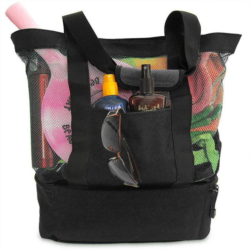Women’s Waterproof Picnic & Beach Tote Bag – Double Layer Transparent Mesh Insulated Shopping Bag