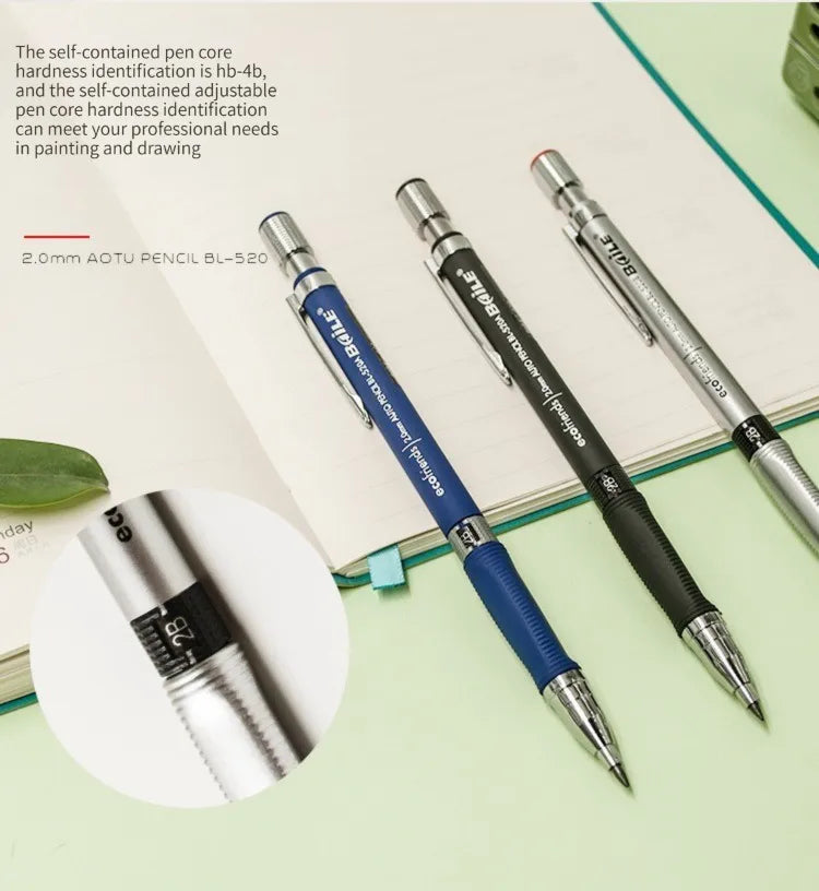 Mechanical Pencil Set 2.0mm – Automatic Pencil with 2B Black & Colored Lead Refills for Writing, Sketching, & Art Drawing