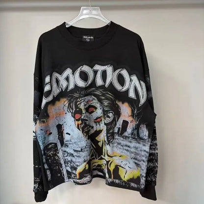 MIXED EMOTION Alien Print Long Sleeve T-Shirt - Unisex Oversized Hip Hop Crewneck Top